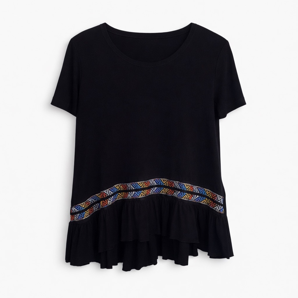 🖤 Pebble & Stone Boho Ruffle Hem Top | Embroidered Detail | Size Small